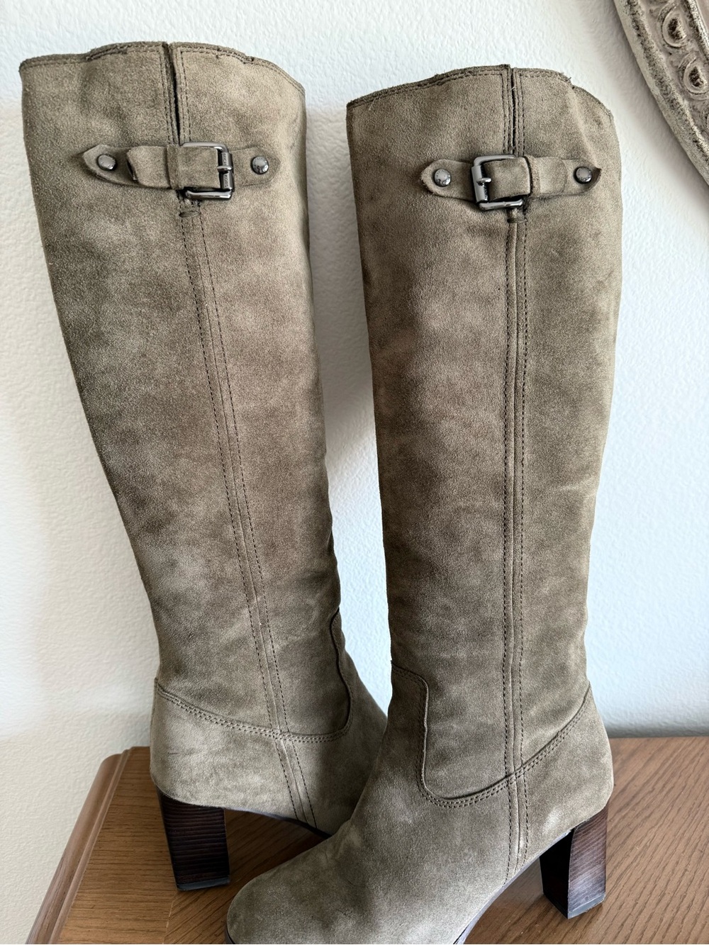 Michael Kors Taupe Suede Knee High Buckle Boots